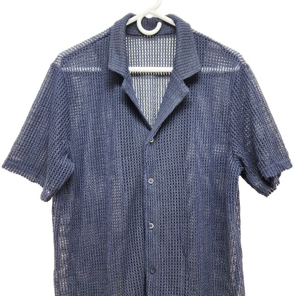Mens Navy Blue Mesh Button-Up Shirt By URRU Size L Short Sleeve Lightweight - Picture 5 of 10